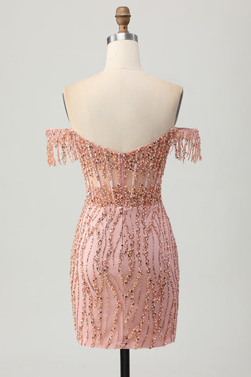 Sparkly Dusty Rose Bodycon Corset Short Cocktail Dress with Fringes